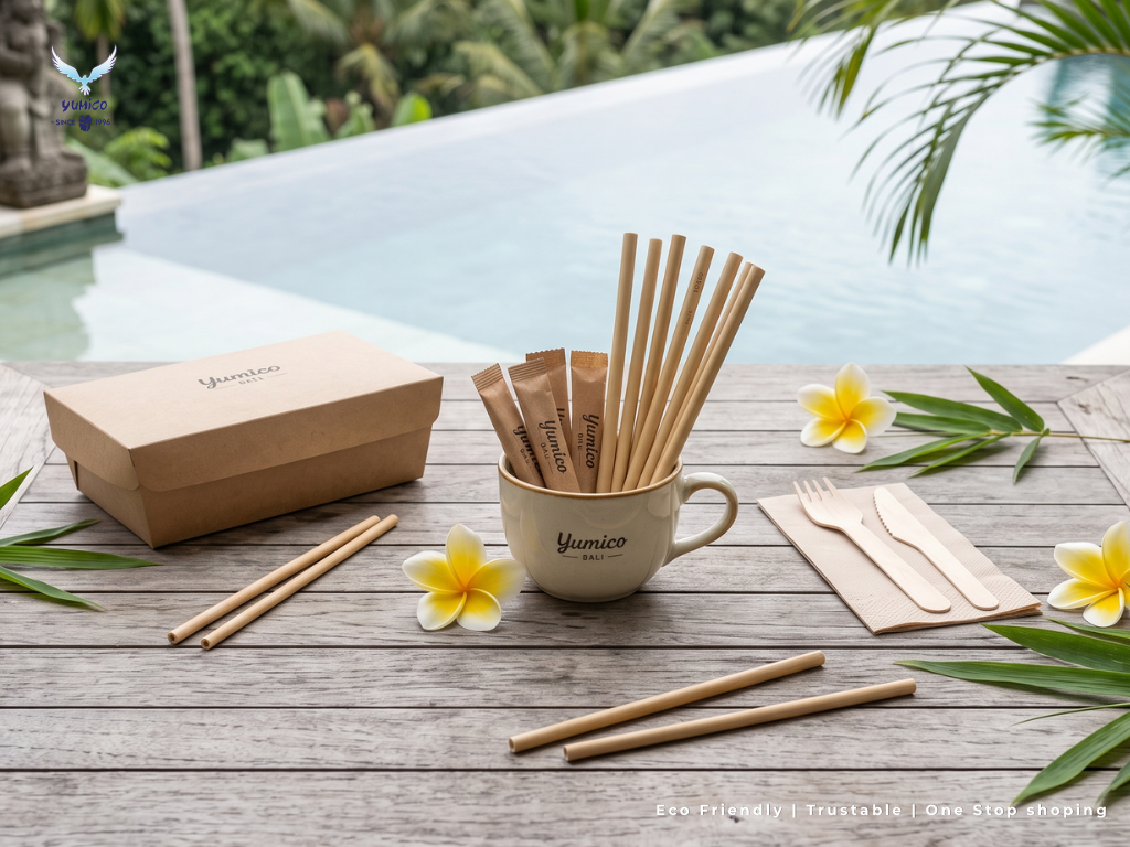 Amenities Supplier Balinese Hotel – Premium Eco Solutions. Amenities supplier Balinese hotel showcasing eco-friendly paper tray food packaging and hollow coffee stirrers Yumico Bali.