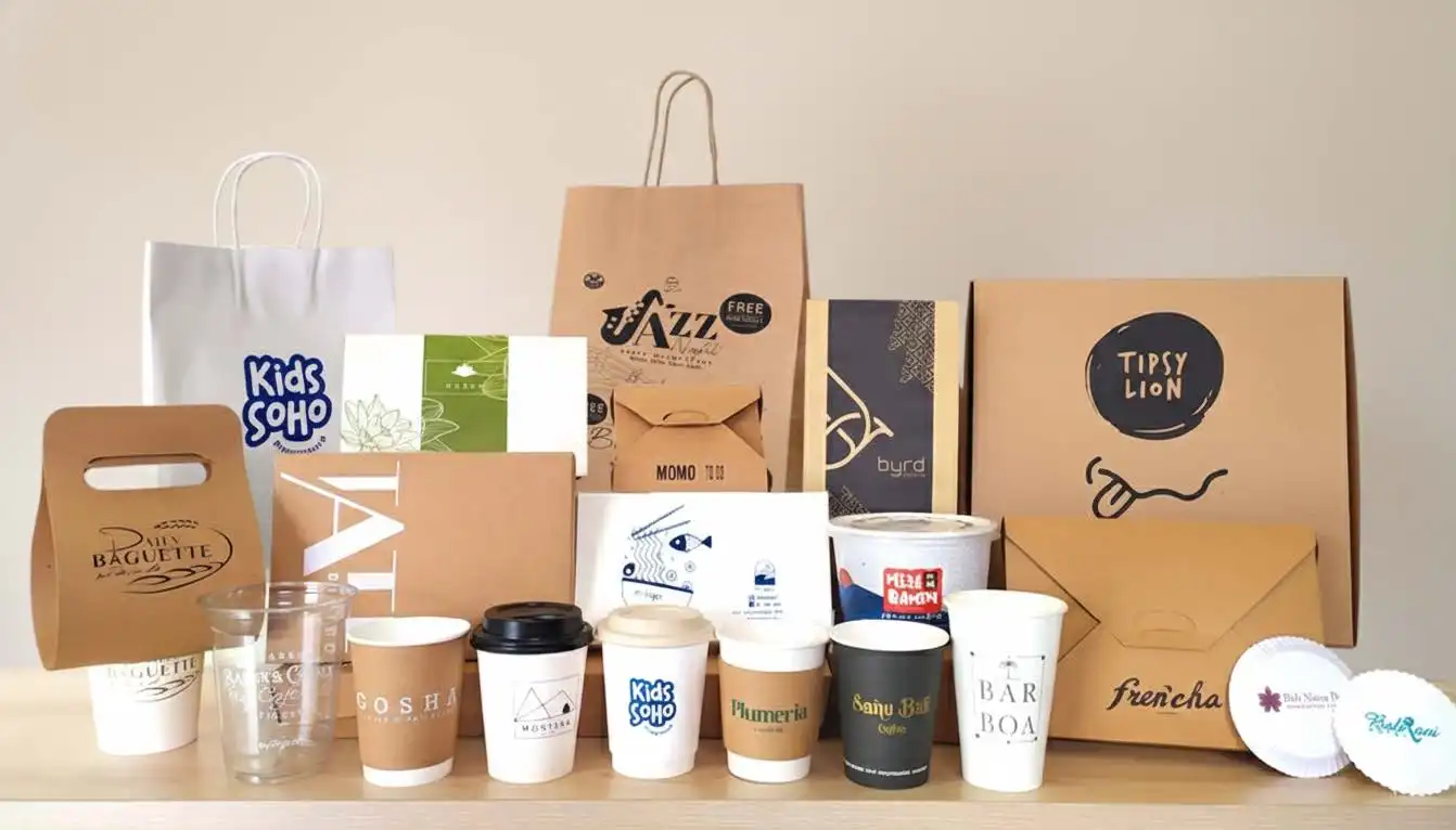 Beragam kemasan kertas untuk branding bisnis F&B seperti paper cup, paper bag, dan food box dengan desain custom logo.
