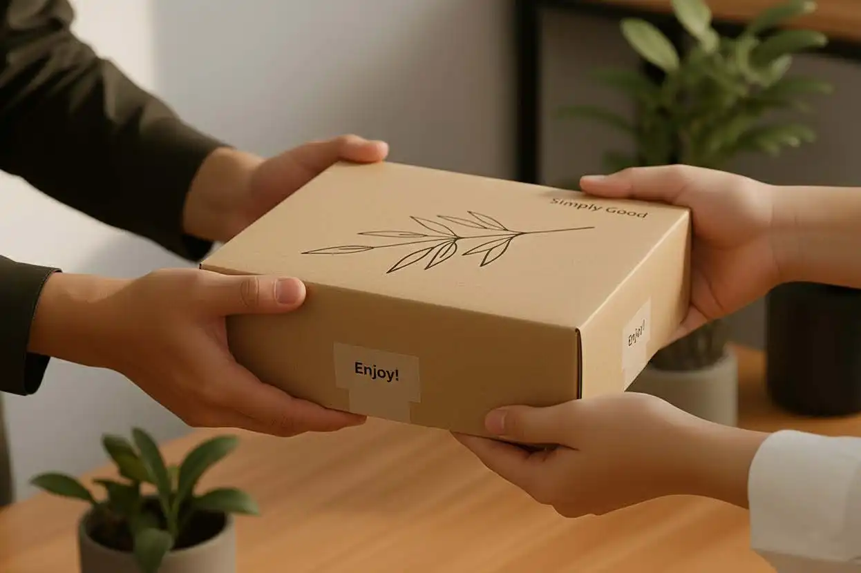 Kemasan Kertas Ramah Lingkungan untuk Branding dan Customer Experience Seseorang menyerahkan kotak kemasan kertas untuk branding dengan desain minimalis bertuliskan “Enjoy!” kepada pelanggan.