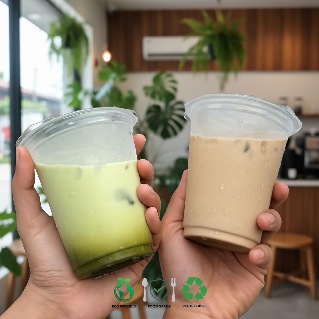 Dua gelas minuman dingin eco-friendly sebagai bagian dari gaya hidup bebas plastik di kafe modern.