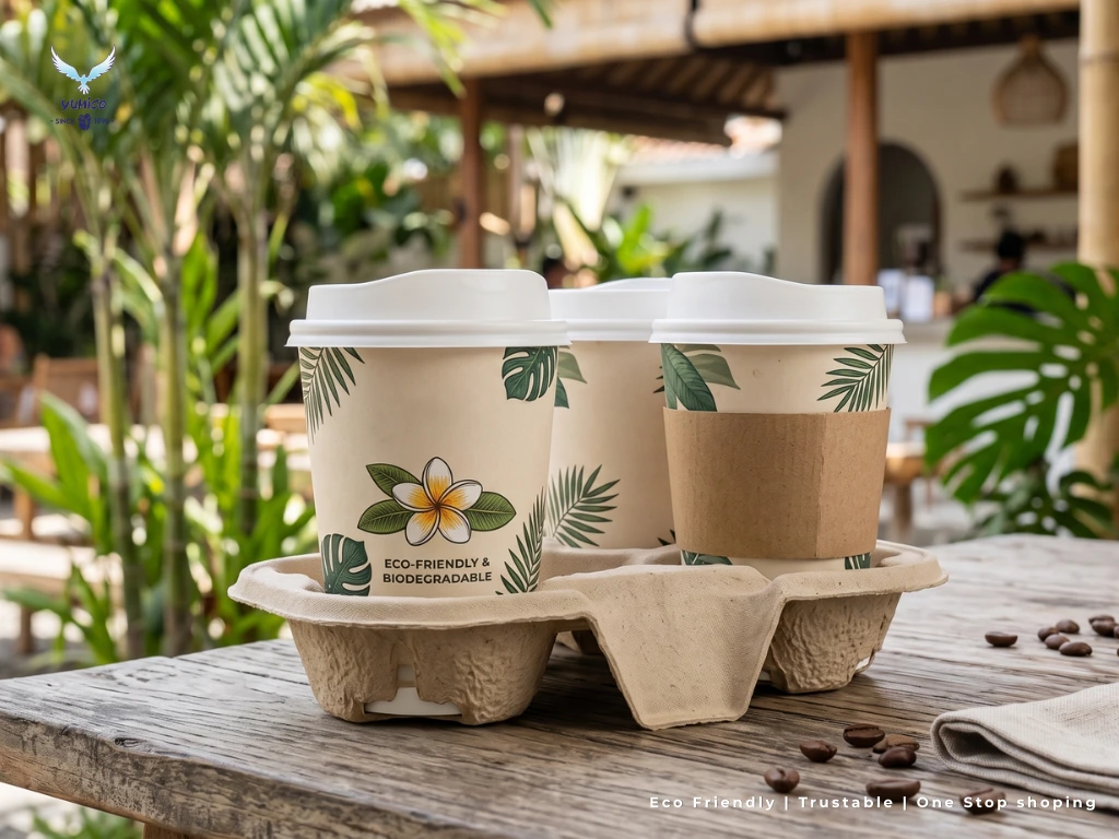 Biodegradable Cup Holder Bali – Keamanan Ekstra untuk Takeaway Minuman Biodegradable cup holder Bali dudukan tray minuman eco friendly untuk takeaway kafe Yumico.