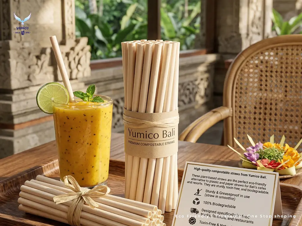 Compostable straws made of cassava starch eco-friendly for cold drinks Bali cafe packaging Yumico.