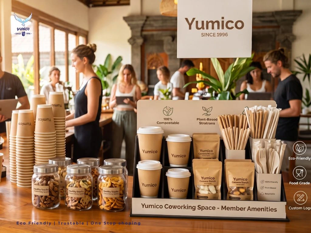 Area pantry Yumico Coworking Space di Bali yang menampilkan display berbagai produk kemasan coworking space kustom dan ramah lingkungan, seperti paper cup kopi, pouch snack kraft, dan cutlery set plant-based, dengan latar belakang member sedang bekerja.
