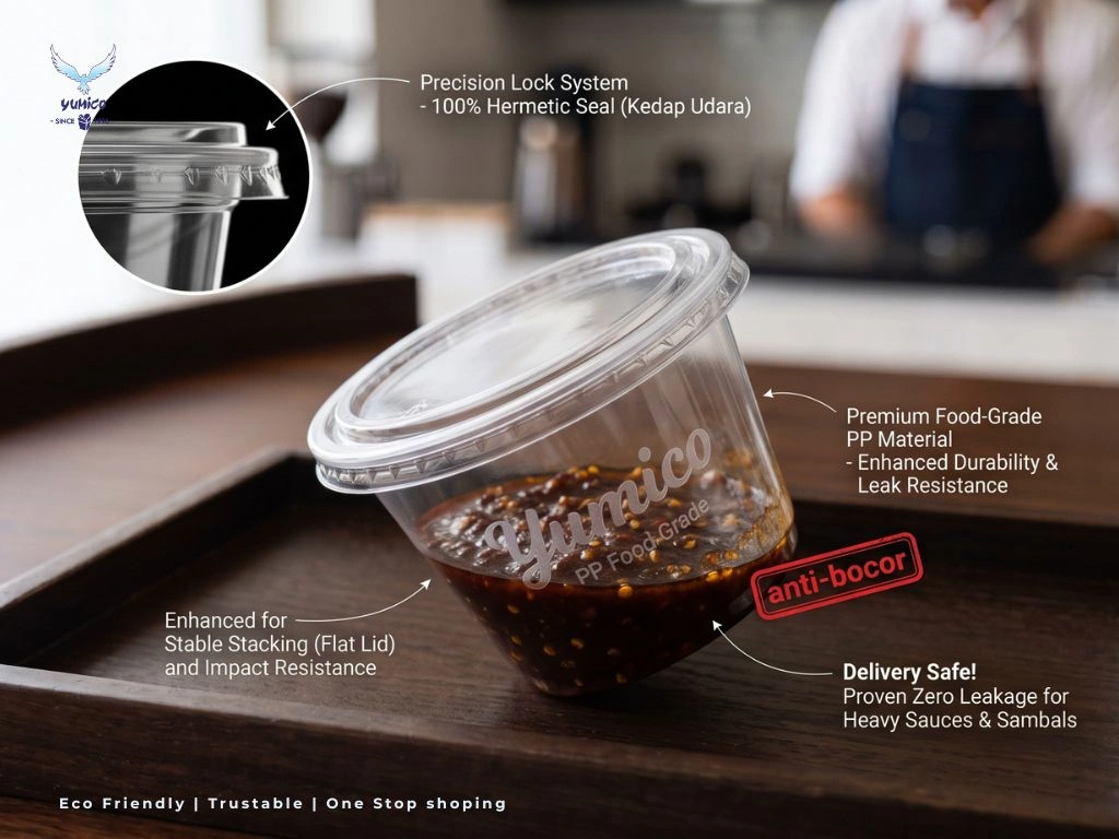 Cup sambal plastik premium kedap udara untuk pengiriman food delivery restoran Yumico.