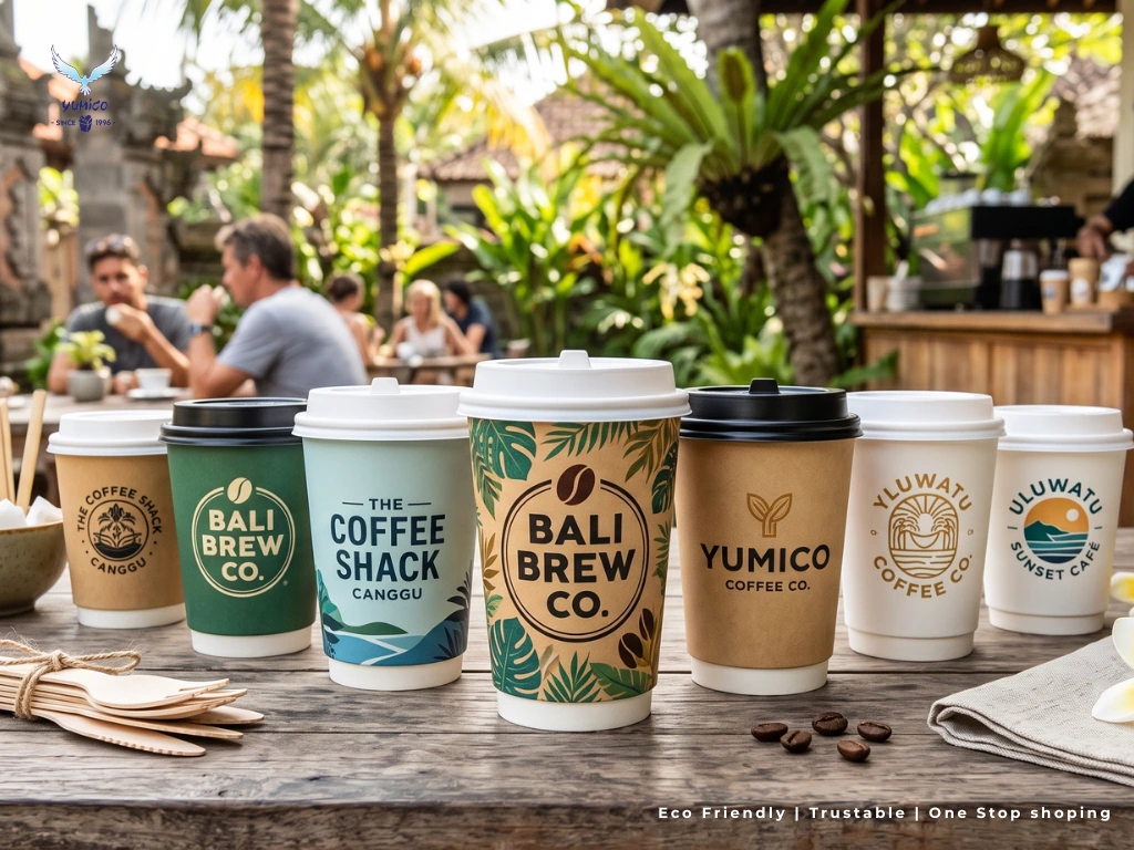 Custom Printed Coffee Cups – Solusi Branding Kafe Bali Custom printed coffee cups gelas kopi sablon logo untuk branding kafe takeaway di Bali oleh Yumico.