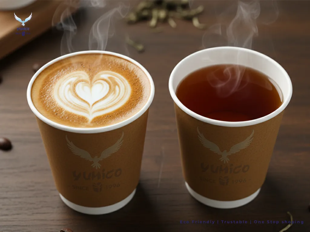 Double wall cup Yumico Bali berisi kopi dan teh panas dengan desain ramah lingkungan di atas meja kayu.