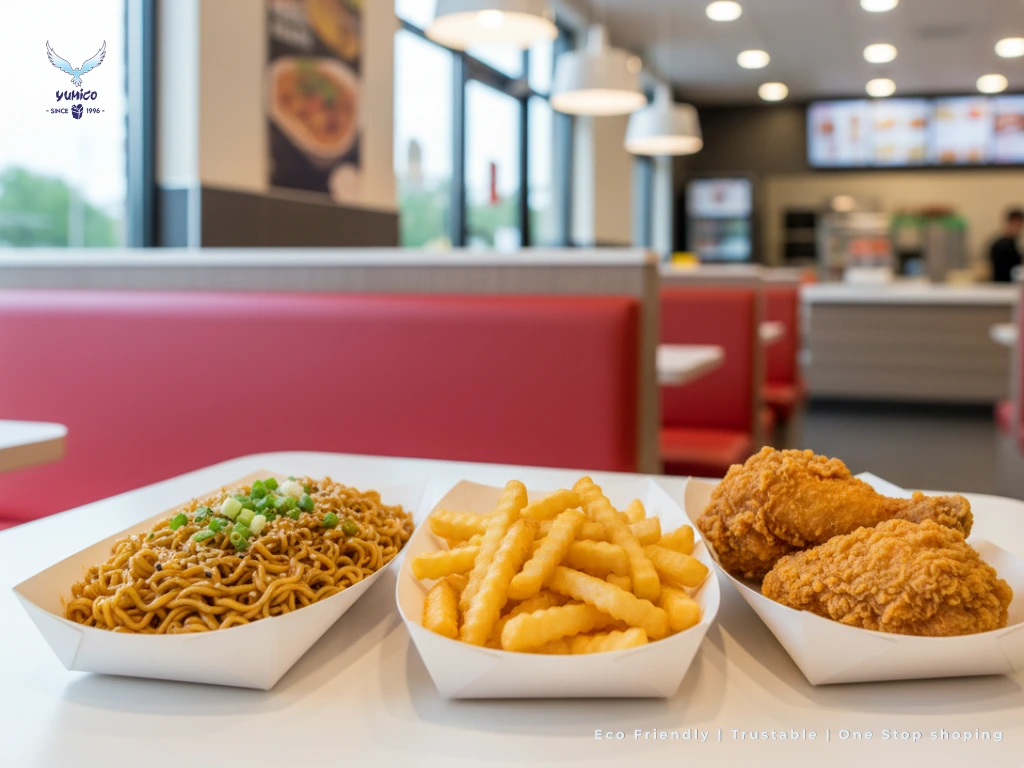 Grease Resistant Paper Tray for Takeout Food with Noodles, Fries, and Fried Chicken in Yumico Bali Eco-Friendly Packaging