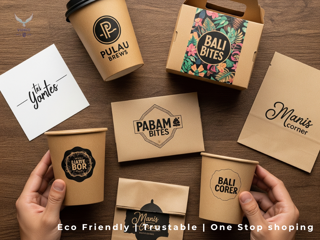Cup, Lunch Box, Paper Bag Tangan sedang memeriksa kualitas dan detail cetak dari berbagai sampel packaging custom dengan branding kreatif di atas meja kayu.