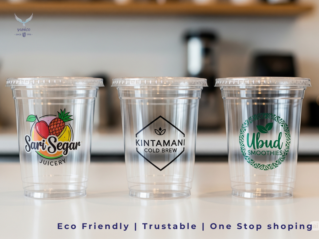 Tiga sampel Cup PLA bening dengan desain logo custom yang berbeda, menunjukkan opsi branding untuk minuman.