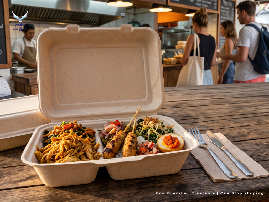 Kotak Makan Biodegradable Bali – Yumico Packaging. Kotak makan biodegradable Bali bagasse lunch box serat tebu food grade kemasan katering Yumico.