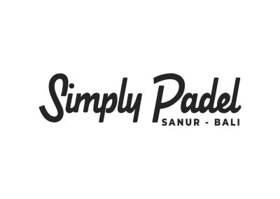 Logo for Simply Padel, with 'Simply Padel' in a flowing script font, and 'SANUR - BALI' below it, alongside a red-brown illustration of a person playing padel, on a white background. This is one of the Yumico's Valued Customer.