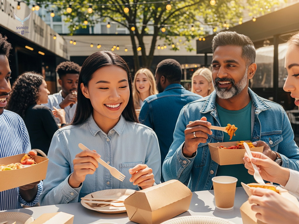 Sekelompok orang dari berbagai latar belakang etnis sedang tersenyum dan makan bersama di luar ruangan, menggunakan kemasan makanan ramah lingkungan seperti kotak kertas kraft, piring bagasse, dan alat makan kayu, menggambarkan tren kemasan makanan 2025.
