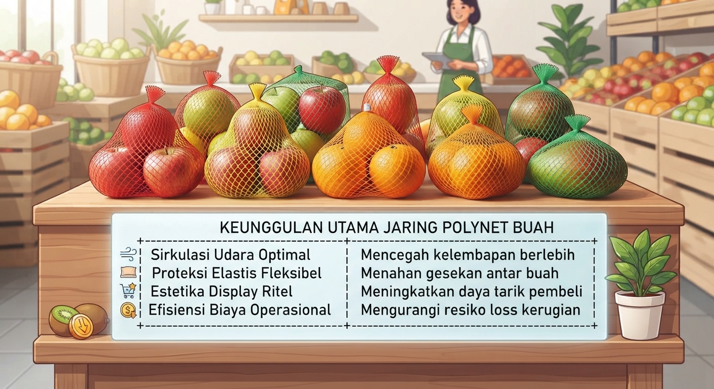 Tampilan etalase toko buah di Bali dengan meja kayu yang menampilkan berbagai jenis buah segar seperti apel, jeruk, dan mangga yang dikemas dalam jaring polynet berwarna merah, kuning, dan hijau. Di bagian depan meja terdapat panel digital yang menjelaskan keunggulan jaring polynet buah praktis Bali dalam dua bahasa, Indonesia dan Inggris, dengan ikon kecil di samping teksnya. Latar belakang menunjukkan rak kayu berisi keranjang buah dan seorang penjaga toko.