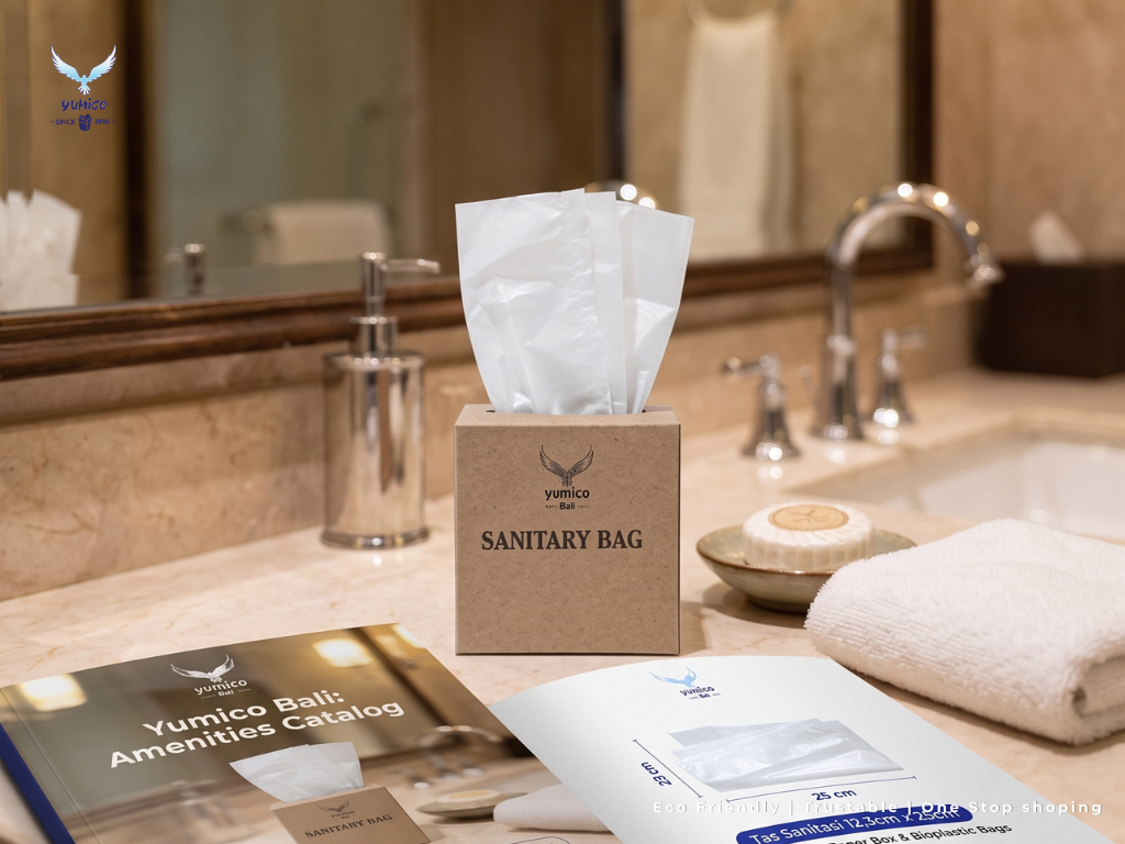 Sanitary bag hotel Bali perlengkapan kamar mandi amenities higienis dari supplier Yumico.