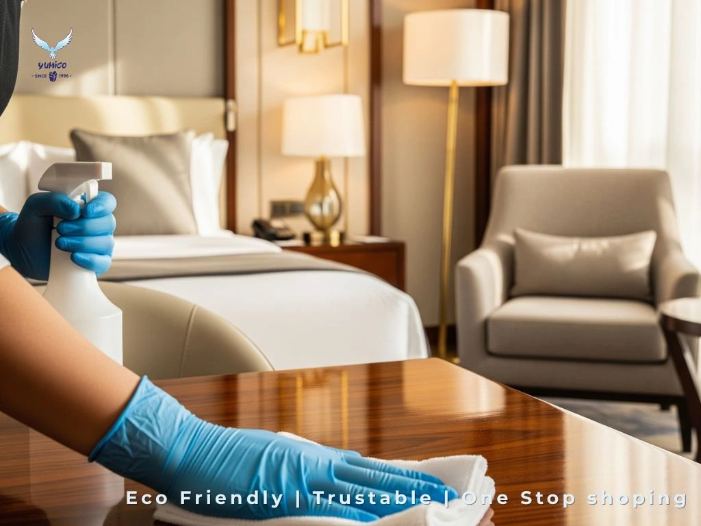 A hotel housekeeper wearing blue Sarung Tangan Food Grade (food-grade gloves) cleaning a polished wooden desk in a luxurious hotel room, with a spray bottle and white cloth.