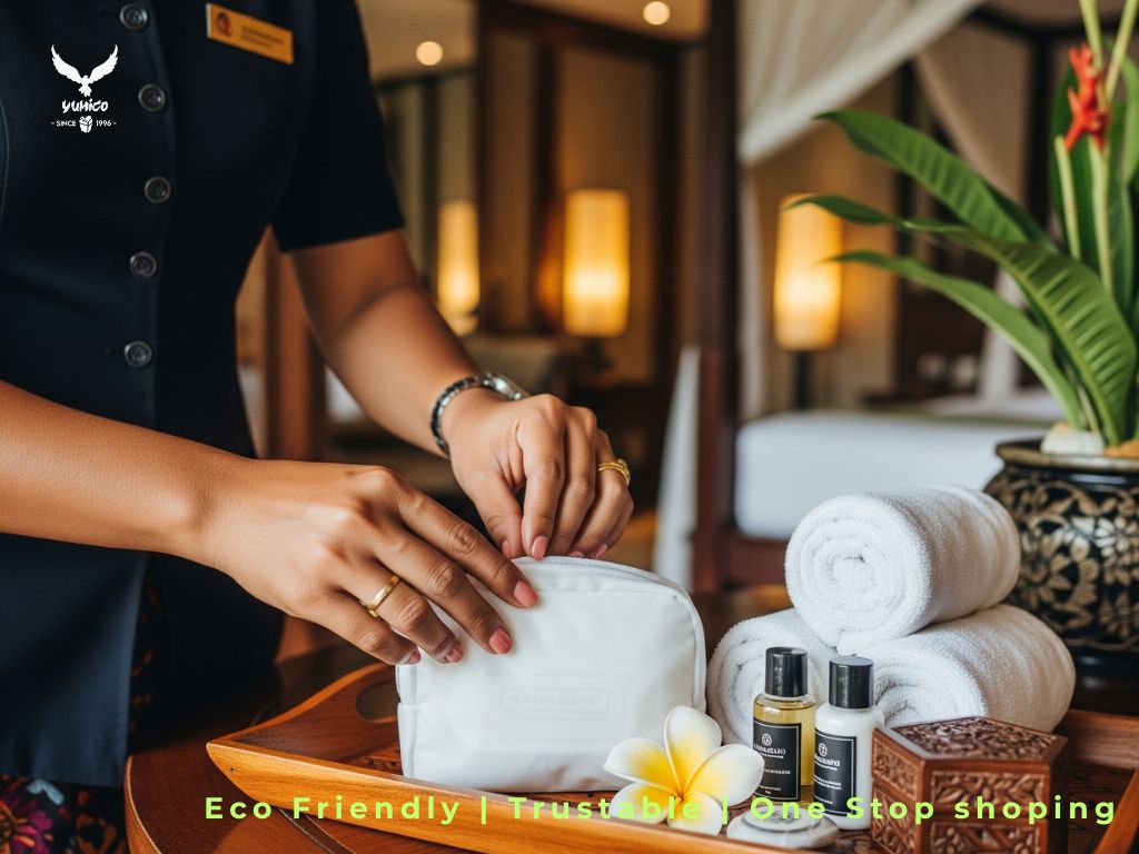 Tangan seorang staf hotel di Bali dengan seragam batik sedang menata amenities di atas nampan kayu.