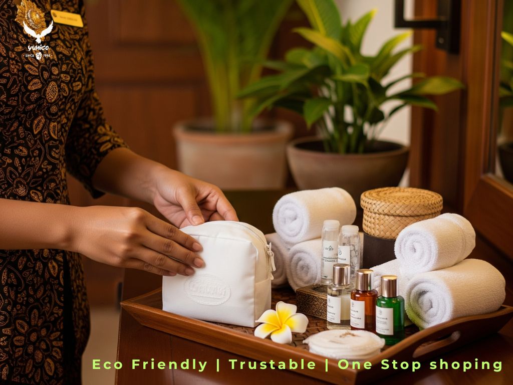 Seorang pegawai hotel di Bali sedang mempersiapkan amenities di atas nampan kayu. Fokus pada tangan yang menata sanitary bag.
