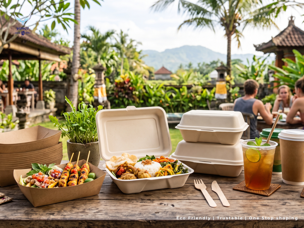Supplier Packaging Ramah Lingkungan Bali – Yumico Eco Solutions. Supplier packaging ramah lingkungan Bali sedia wadah makanan paper tray bagasse cup food grade Yumico.