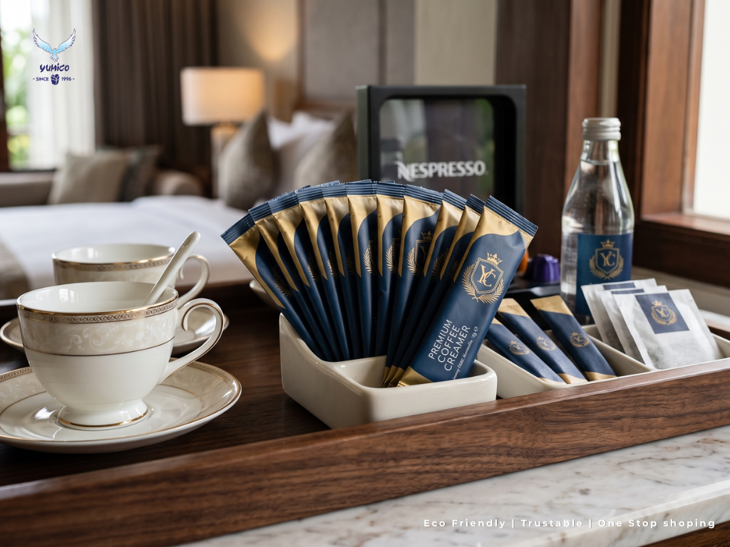 Supplier Creamer Hotel Bali – Premium In-Room Amenities Supplier creamer hotel Bali premium coffee sachets for hospitality in-room amenities Yumico.