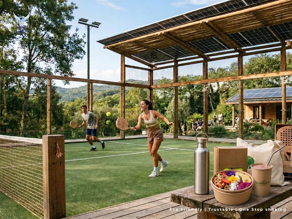 Sustainable Padel Club Cafe serving healthy smoothie bowls in eco friendly paper packaging Yumico Bali