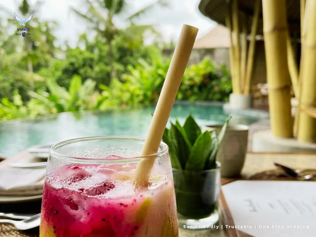 Texture of cassava straws smooth and plastic like plant based drinking straws Yumico Bali.