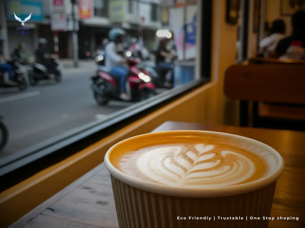 Tren Kemasan Kafe Bali: Menikmati Kopi di Tengah Dinamika Pulau Dewata. Cangkir kertas berisi kopi latte dengan latar belakang pemandangan jalanan Kuta atau Denpasar yang sibuk, menyoroti tren kemasan kafe di Bali.