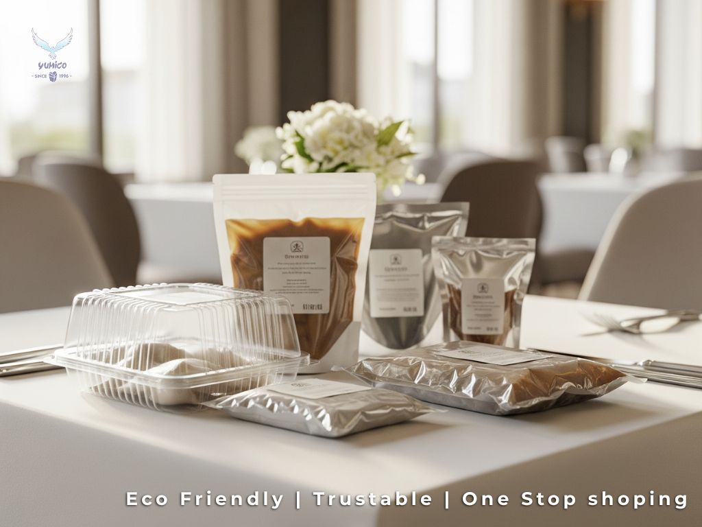 Berbagai macam kemasan food grade yang tertata rapi di atas meja makan berlapis taplak putih di sebuah lounge hotel yang elegan, menjadi representasi Pusat Kemasan Food Grade.