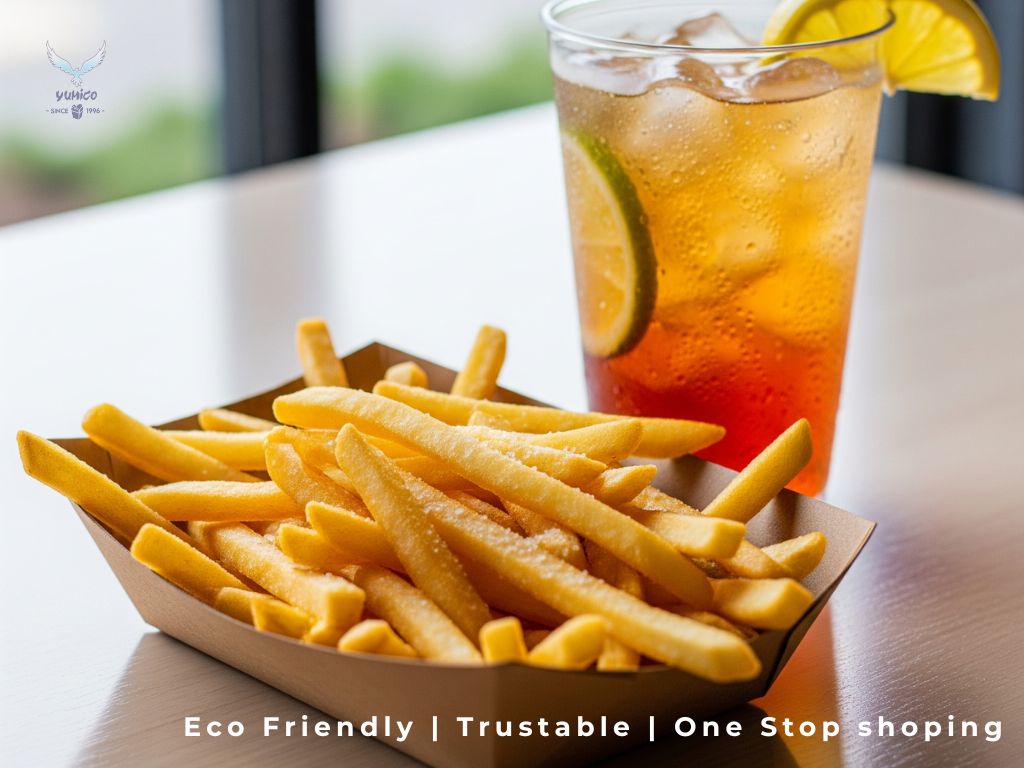 Sebuah paper tray berisi kentang goreng renyah dan secangkir minuman, menunjukkan fungsi paper tray untuk penyajian yang rapi dan menarik di meja restoran.