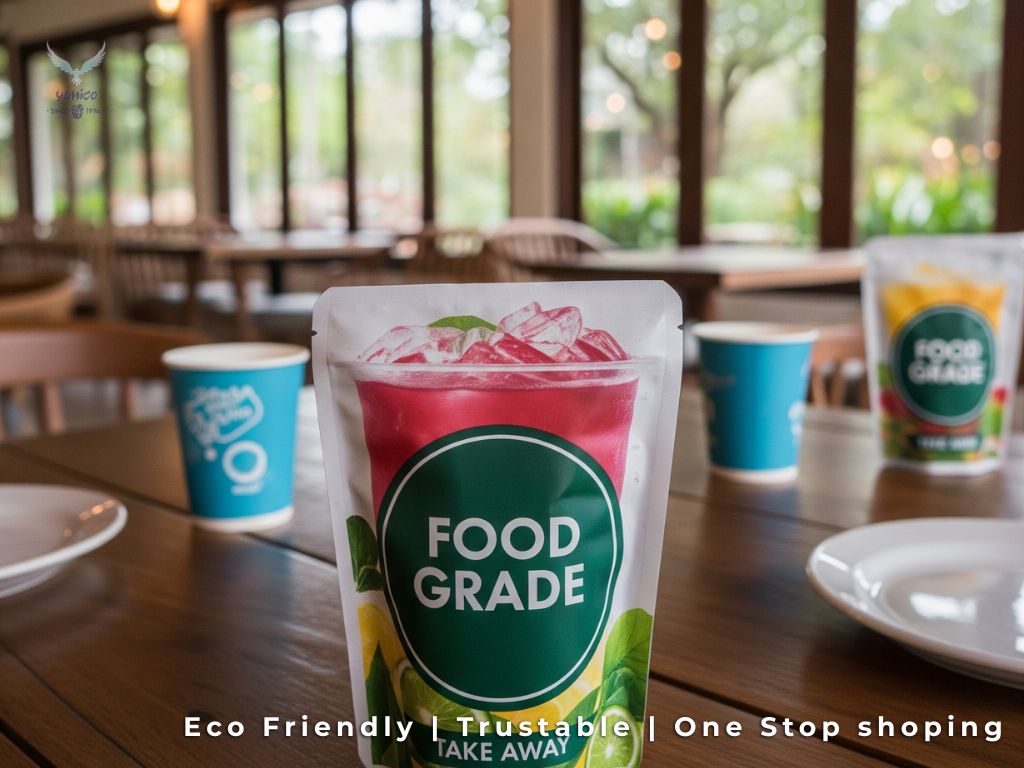 kemasan minuman takeaway dengan logo "Food Grade" yang jelas, diletakkan di atas meja kayu di sebuah lounge hotel bertema alam terbuka, menjadi contoh produk dari Pusat Kemasan Food Grade.