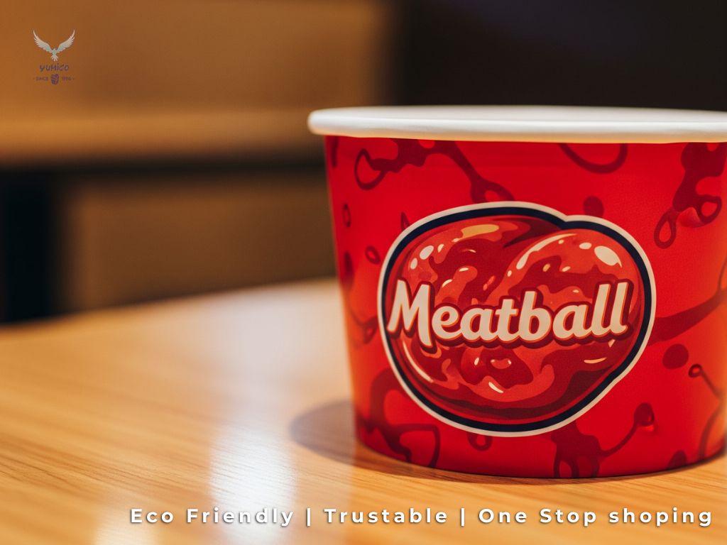 Sebuah paper bowl berwarna merah dengan logo bakso yang menarik, ditampilkan close-up di atas meja, sebagai contoh produk dari penyedia yang jual grosir paper bowl.