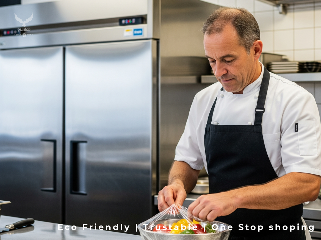 Seorang koki profesional sedang menggunakan plastic wrap untuk membungkus semangkuk bahan makanan segar di dapur restoran yang bersih dan modern.