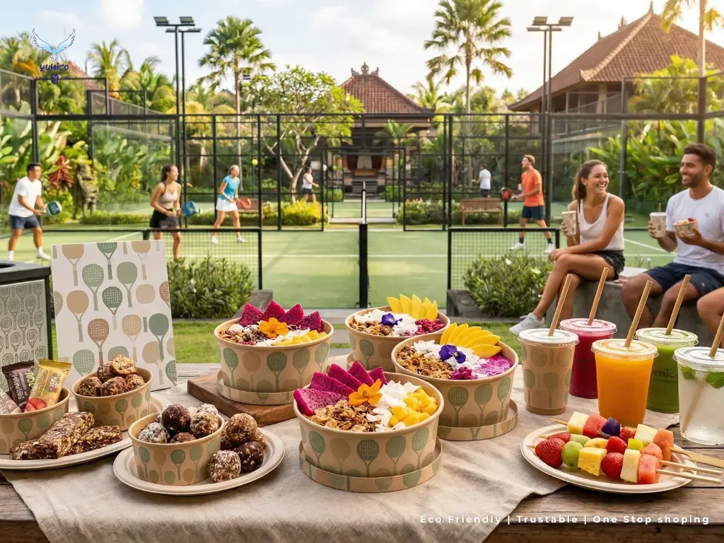 Zero waste sports event padel club serving healthy smoothie bowls in eco friendly packaging Yumico Bali