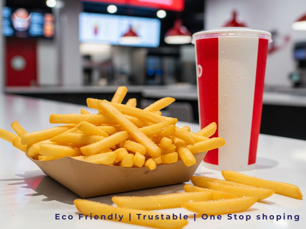 Sajian kentang goreng dalam paper tray polos di atas meja konter restoran, menunjukkan peluang untuk melakukan cetak logo paper tray untuk meningkatkan branding.