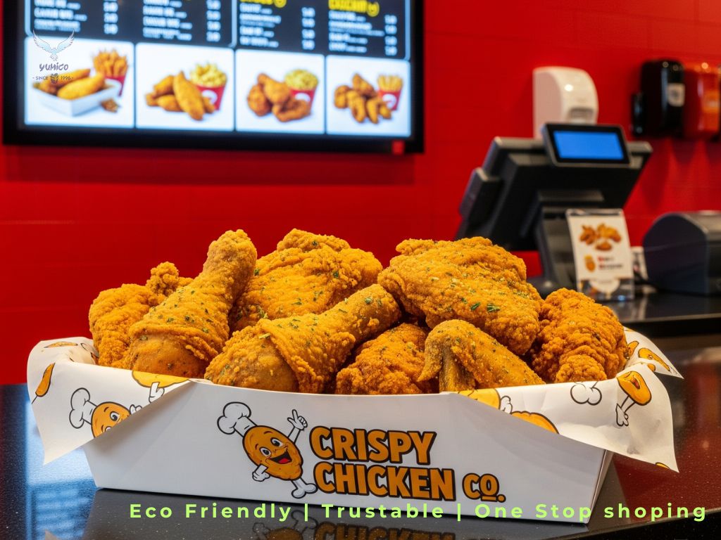 Satu nampan penuh ayam goreng disajikan di atas paper tray yang telah melalui proses cetak logo paper tray dengan merek fiktif 'Crispy Chicken Co.', berlatar belakang konter kasir restoran cepat saji.