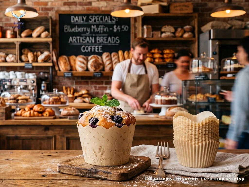 Muffin blueberry yang baru dipanggang, ditaburi gula halus dan dihiasi daun mint, disajikan di dalam cetakan kue kertas bermotif. Muffin ini diletakkan di atas meja kayu di sebelah tumpukan cetakan kue kertas bergelombang yang kosong dan sebuah garpu, dengan latar belakang toko roti yang hangat dan sibuk.