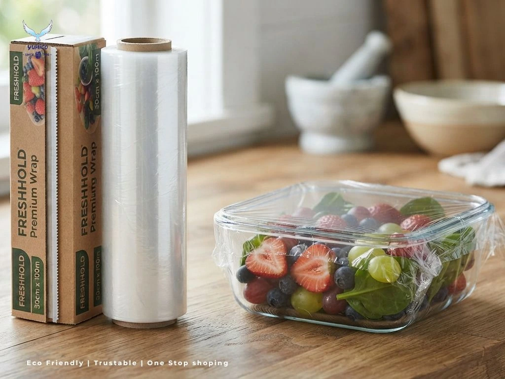 Cling wrap makanan bening food grade transparan untuk membungkus bahan makanan segar di dapur restoran Bali