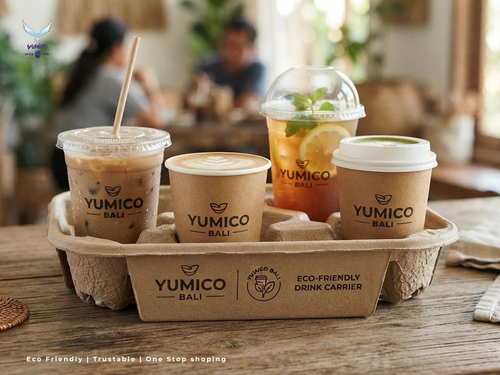 Drink Tray Anti Ribet Yumico Bali Drink tray anti ribet bahan paper pulp untuk penopang takeaway minuman kafe di Bali