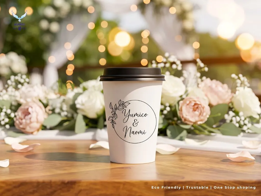 Tampilan produk gelas kertas partai besar custom untuk pernikahan Yumico & Naomi dengan desain floral elegan di atas meja kayu berlatar dekorasi pernikahan.