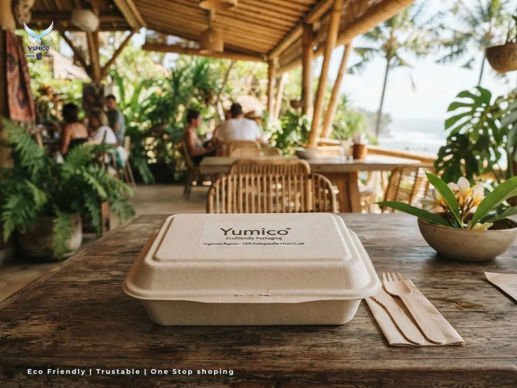 Wadah Kemasan Bagasse F&B Ramah Lingkungan Yumico Bali Kelebihan kemasan bagasse fnb ramah lingkungan untuk bisnis kuliner kafe dan restoran di Bali oleh Yumico