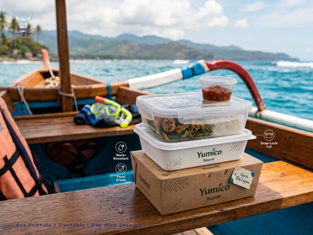 Solusi Kemasan Bekal Watersport Anti Bocor di Bali – Yumico & Naomi Tumpukan produk kemasan bekal watersport dari Yumico dan Naomi (thinwall anti tumpah dan lunch box kertas tahan air) berisi nasi campur Bali, diletakkan di atas bangku kayu perahu jukung di perairan Padangbai yang jernih, dengan latar belakang peralatan snorkeling dan bukit hijau.