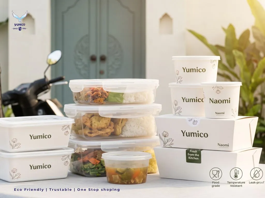 Tampilan produk kemasan cloud kitchen Yumico & Naomi, terdiri dari thinwall, paper bowl, dan lunch box custom, berisi makanan, diantar oleh ojol di depan villa Bali, dengan ikon food grade, tahan panas, dan anti bocor.