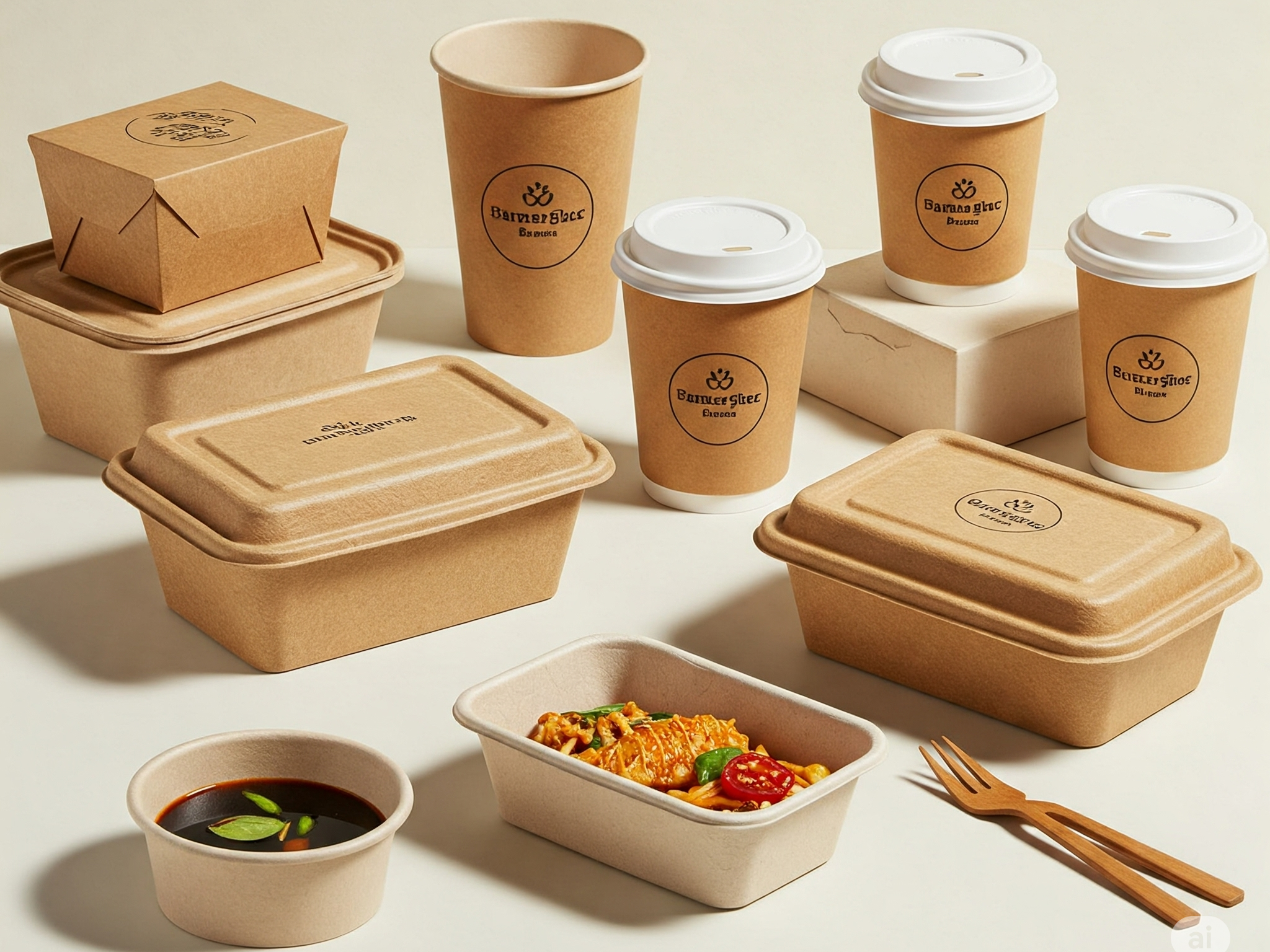 Berbagai solusi packaging takeaway dan delivery ramah lingkungan di Bali, termasuk bagasse lunch box, cup PLA dengan tutup, dan wadah makanan kertas, menonjolkan fitur anti bocor dan desain menarik.