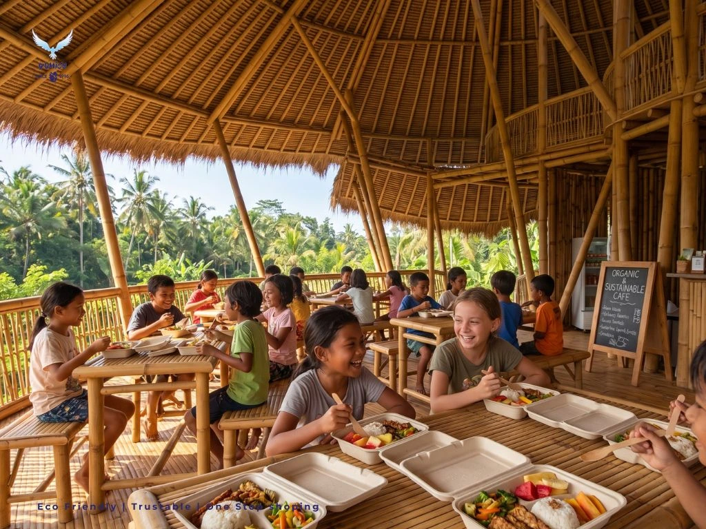 Siswa menikmati makan siang menggunakan lunch box sekolah internasional ramah lingkungan berbahan bagasse ampas tebu di kafetaria bambu Bali.