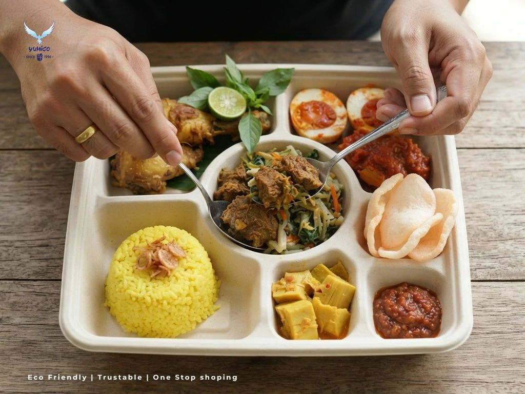 Paket Bundel Katering Sekat 5 Bagasse Paket catering sekat lima berbahan ampas tebu lengkap dengan tutup rapat untuk bisnis katering profesional di Bali.