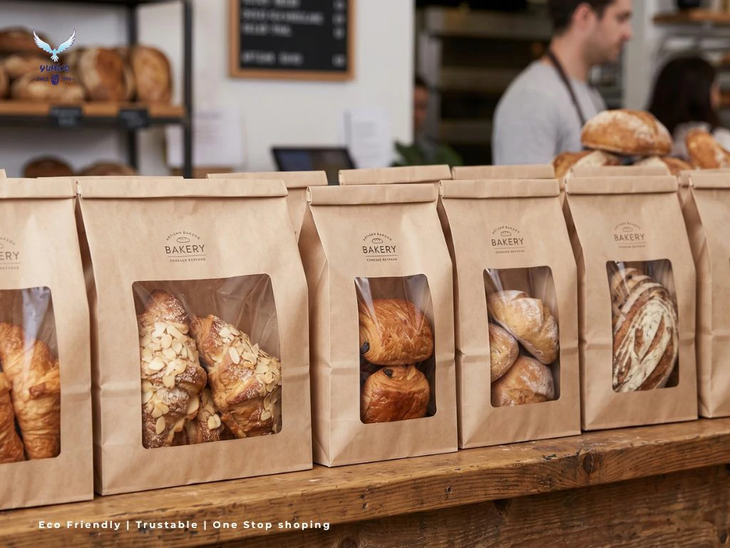 Tampilan Display Bakery yang Menarik Perhatian Susunan paper bag window kraft di etalase bakery untuk memaksimalkan display croissant dan roti manis di Bali