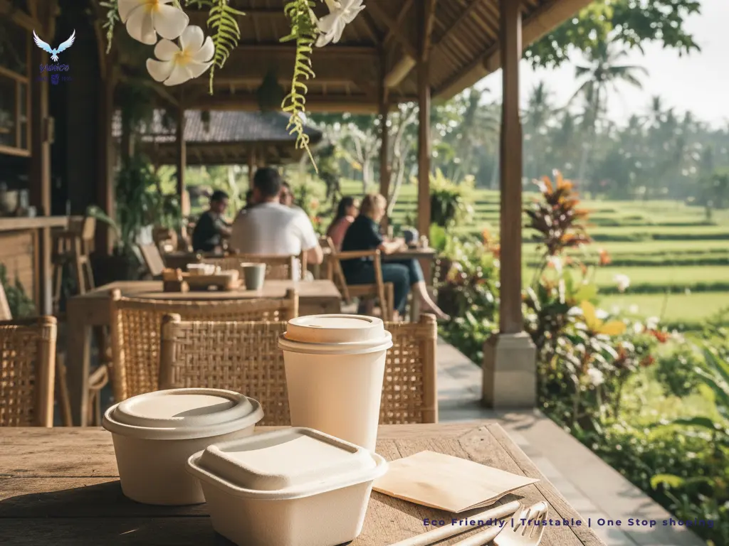 Kemasan biodegradable café Bali berupa paper cup dan lunch box bagasse di meja kayu dengan latar café bernuansa alam di Bali.