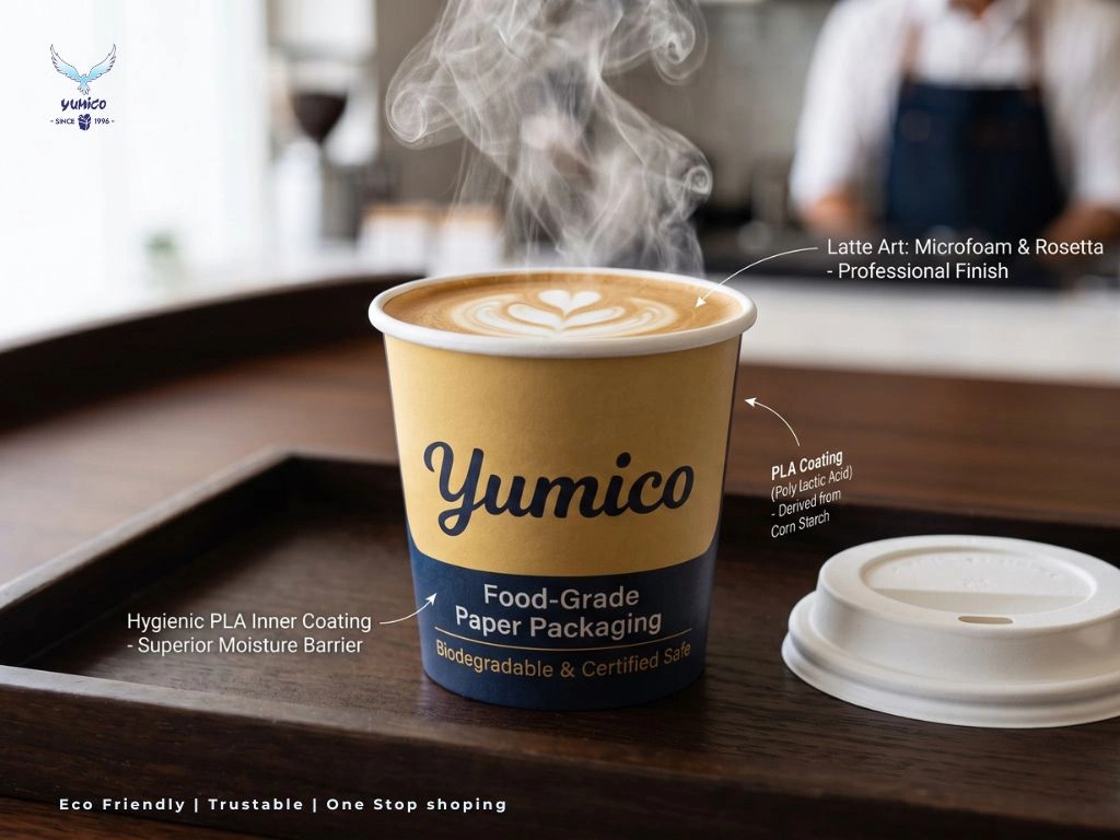 Paper cup food grade gelas kopi kertas anti bocor aman dari mikroplastik Yumico Bali.