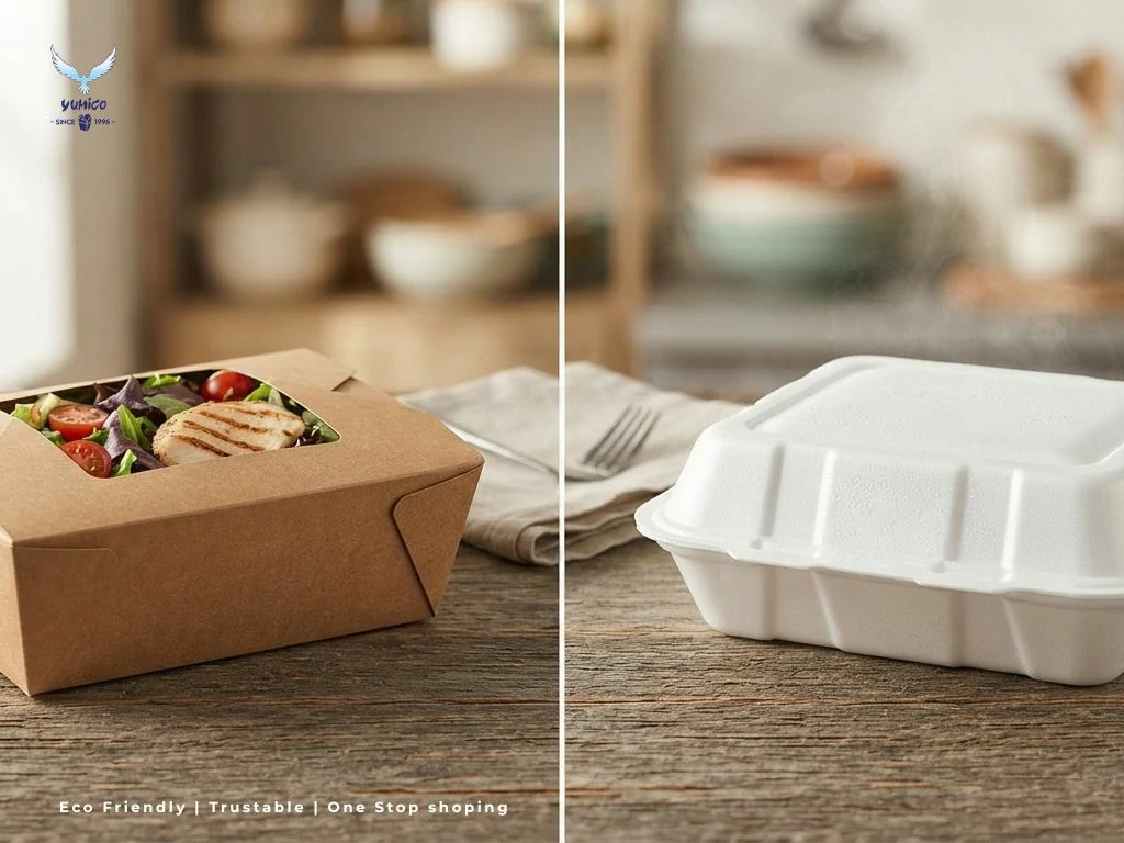 Perbandingan paper lunch box vs styrofoam untuk kemasan makanan yang aman dan ramah lingkungan di Bali.