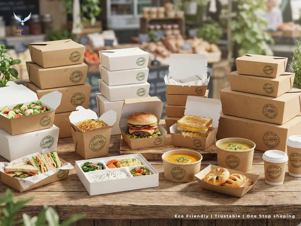 Eco Friendly Paper Packaging food grade lunch boxes and bags for Bali restaurants Yumico