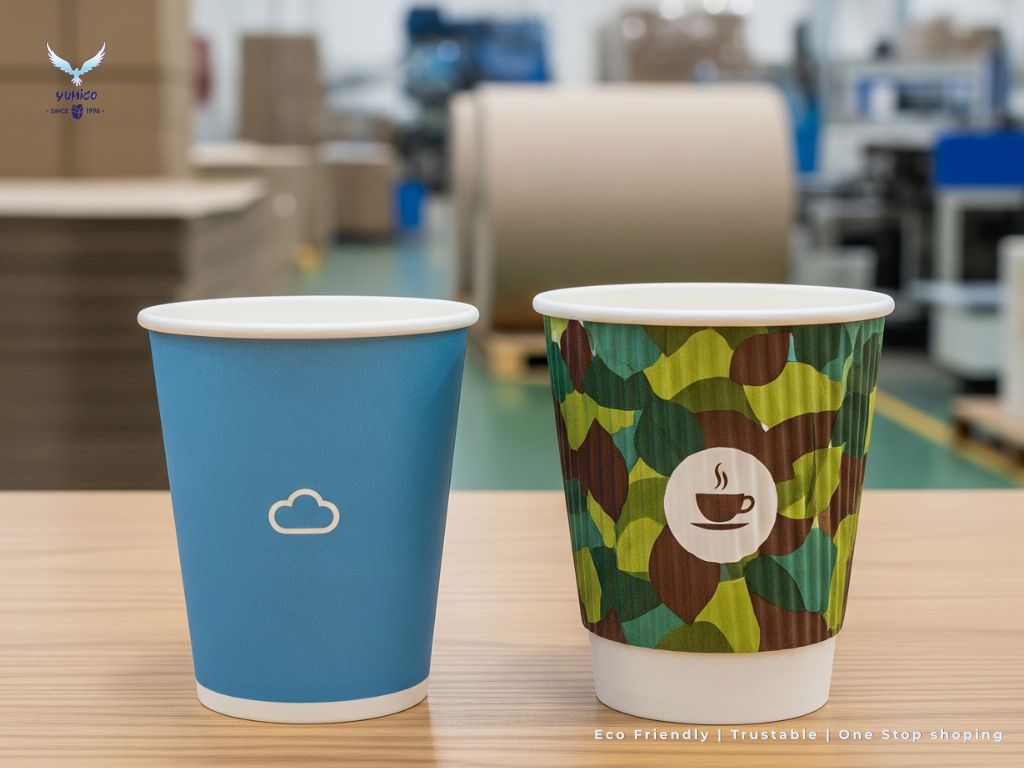 perbedaan paper cup panas dan dingin Gambar perbandingan antara paper cup single wall berwarna biru di sebelah kiri dan paper cup double wall dengan motif daun di sebelah kanan, diletakkan di atas meja kayu dengan latar belakang pabrik pengemasan yang buram.
